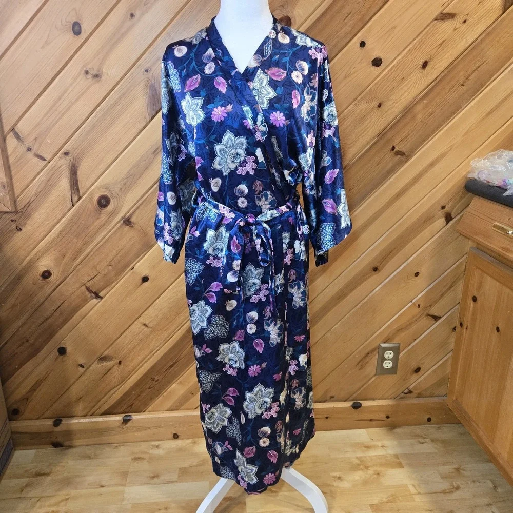 Vintage California Dynasty Sexy Satin Floral Long Robe‎ S/M